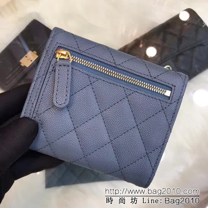CHANEL香奈兒 18年春夏新款 CF短三折霧霾藍錢包 荔枝紋頭層牛皮 82288  DJC3145